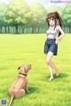 A girl standing in a grassy field next to a dog.