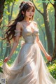 A woman in a white dress standing in a forest.