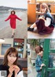 A collage of photos of a woman in a red dress.